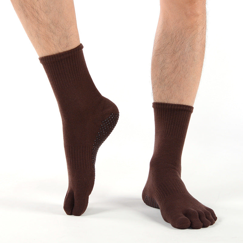 Brown toe-separated socks worn on a white background, pilate men socks
