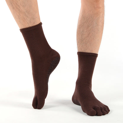 Brown toe-separated socks worn on a white background, pilate men socks